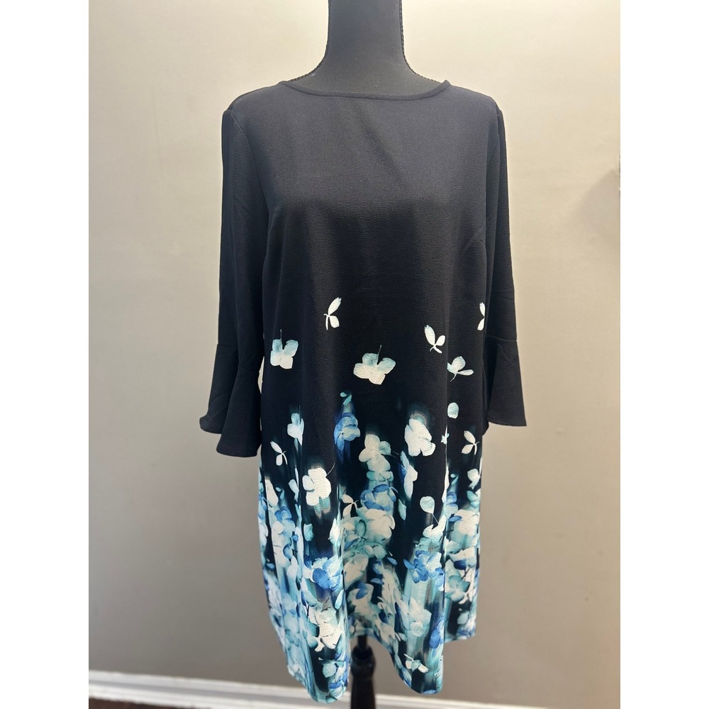 Elle Women's Black Floral Print 3/4 Bell Sleeve Casual Dress
